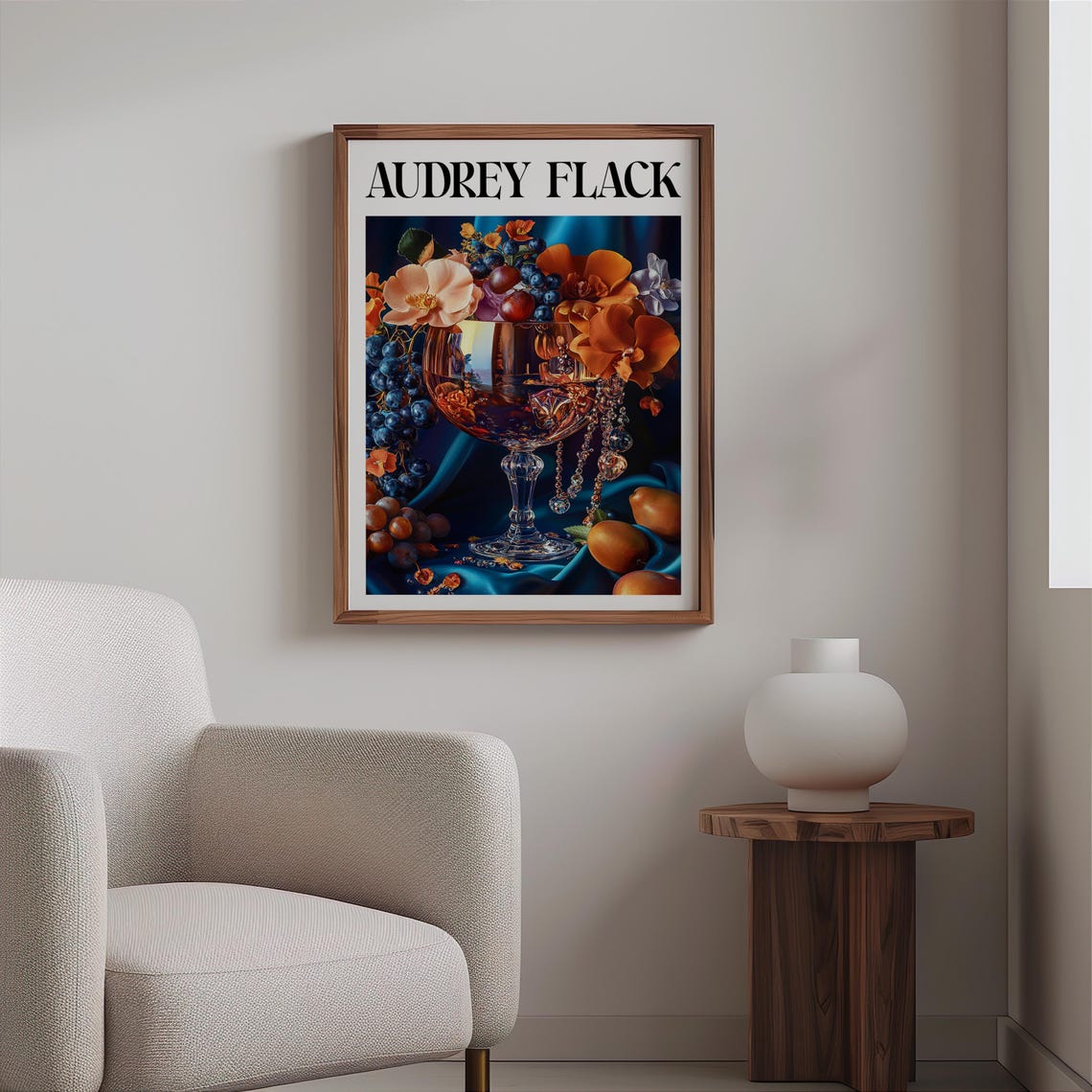 Audrey Flack Brandy Snifter Grapes Flowers Blue Drape Still Life Print - Image 2
