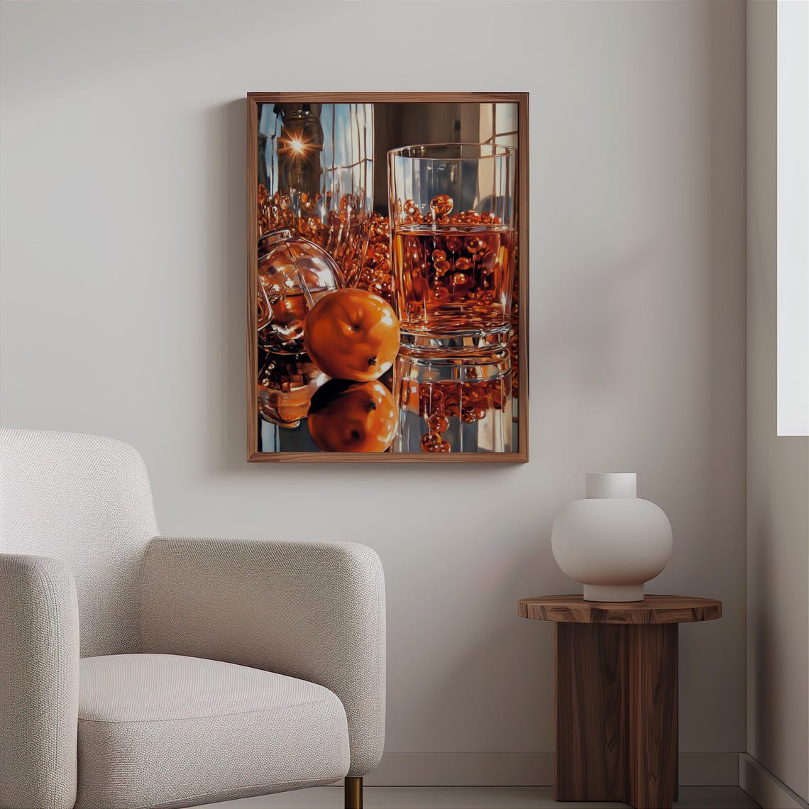 Amber Whiskey Glass Grapes Apple Decanter Sunlit Still Life Print - Image 2