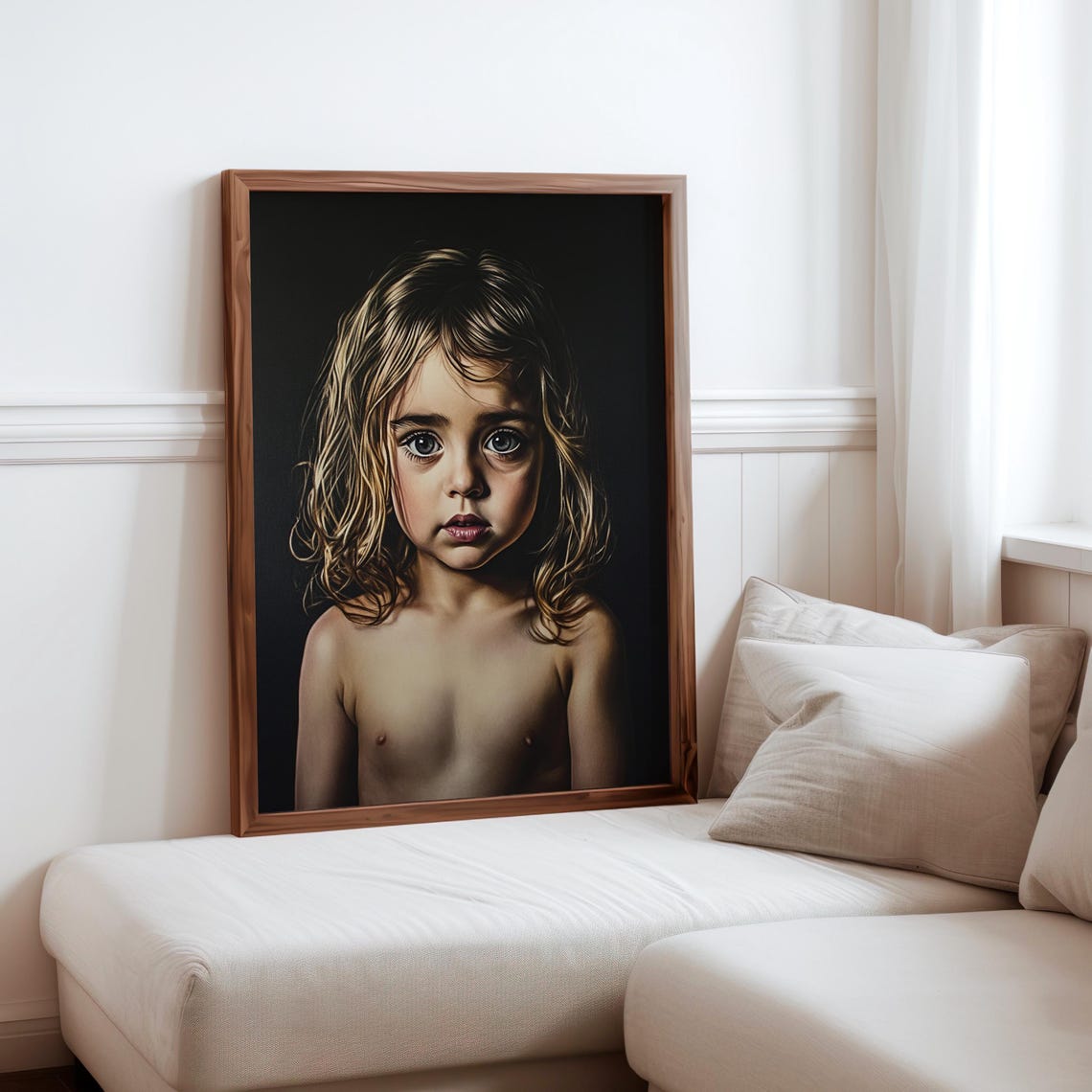 Curly Haired Young Girl Wide Eyes Black Background Portrait Print