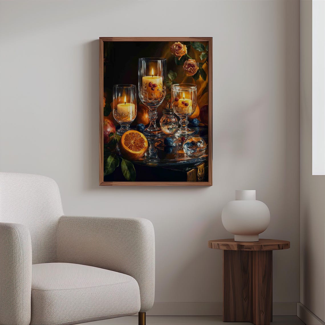 Glass Hurricane Candles Blood Orange Roses Still Life Art Print - Image 2
