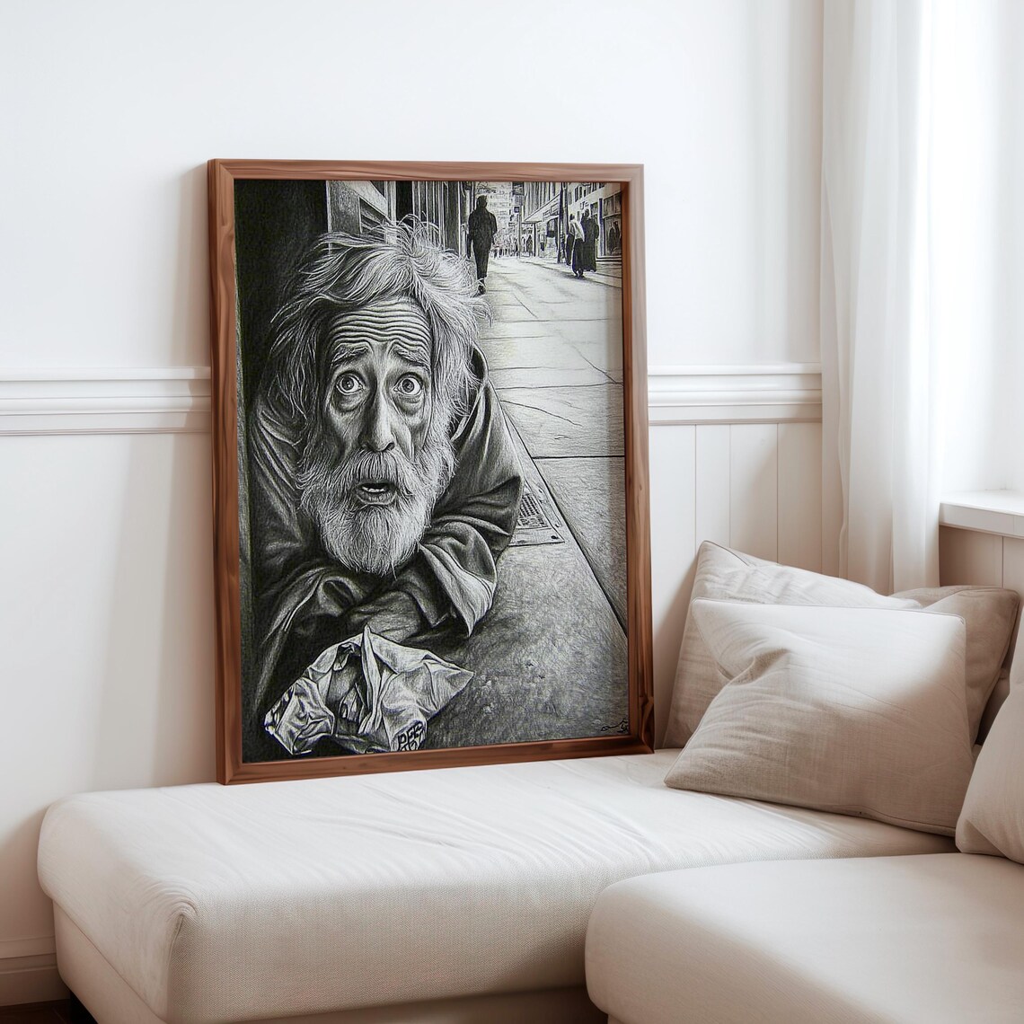 Elderly Homeless Man Black And White Pencil Style Portrait Poster