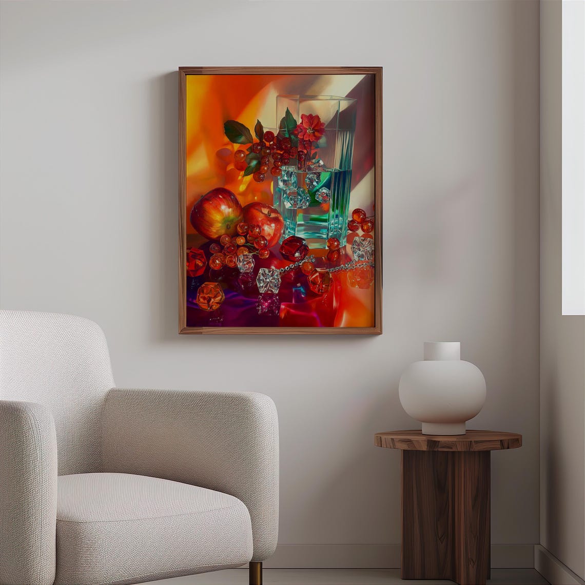 Sunlit Red Flowers with Apples and Crystals Still Life Poster - Image 2