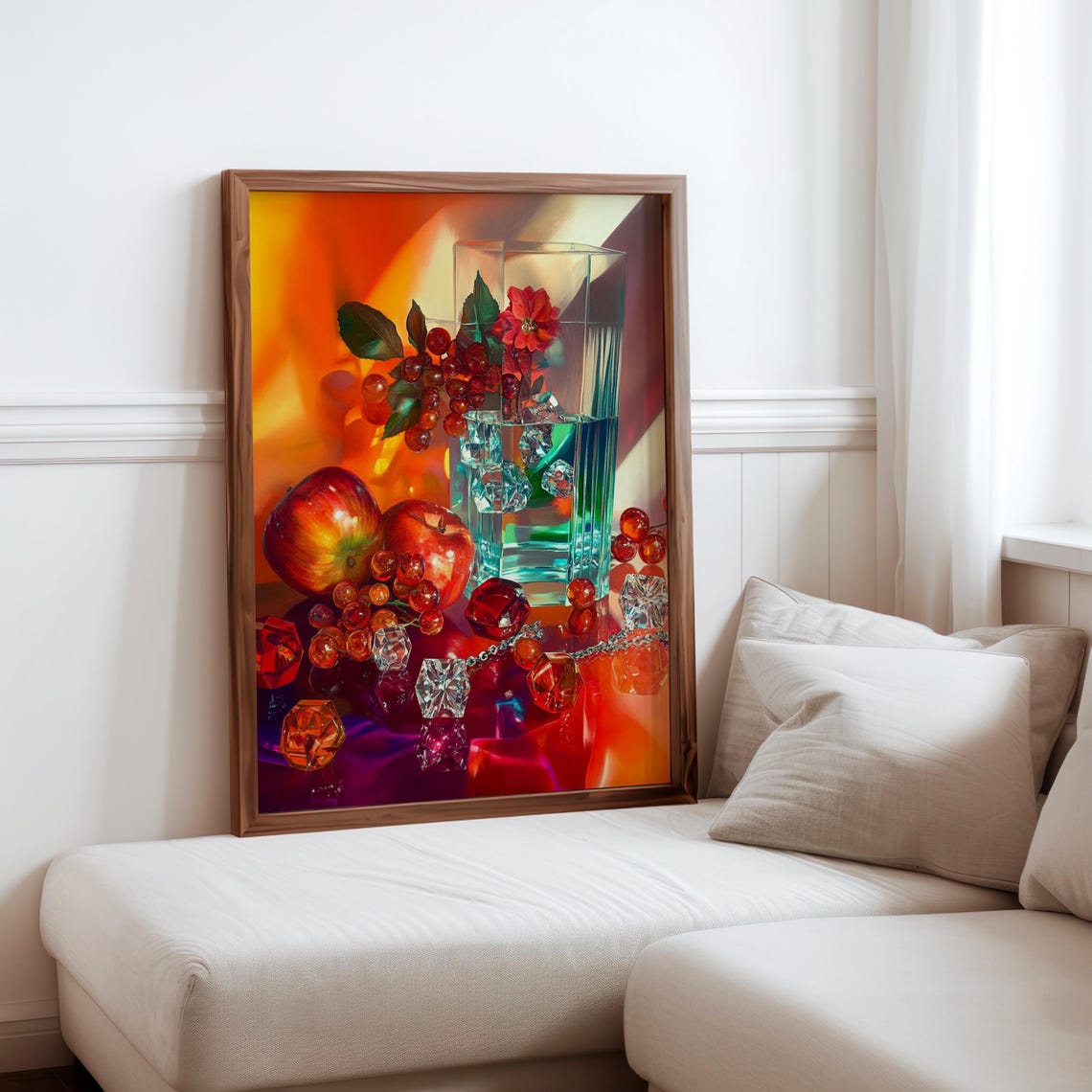 Sunlit Red Flowers with Apples and Crystals Still Life Poster