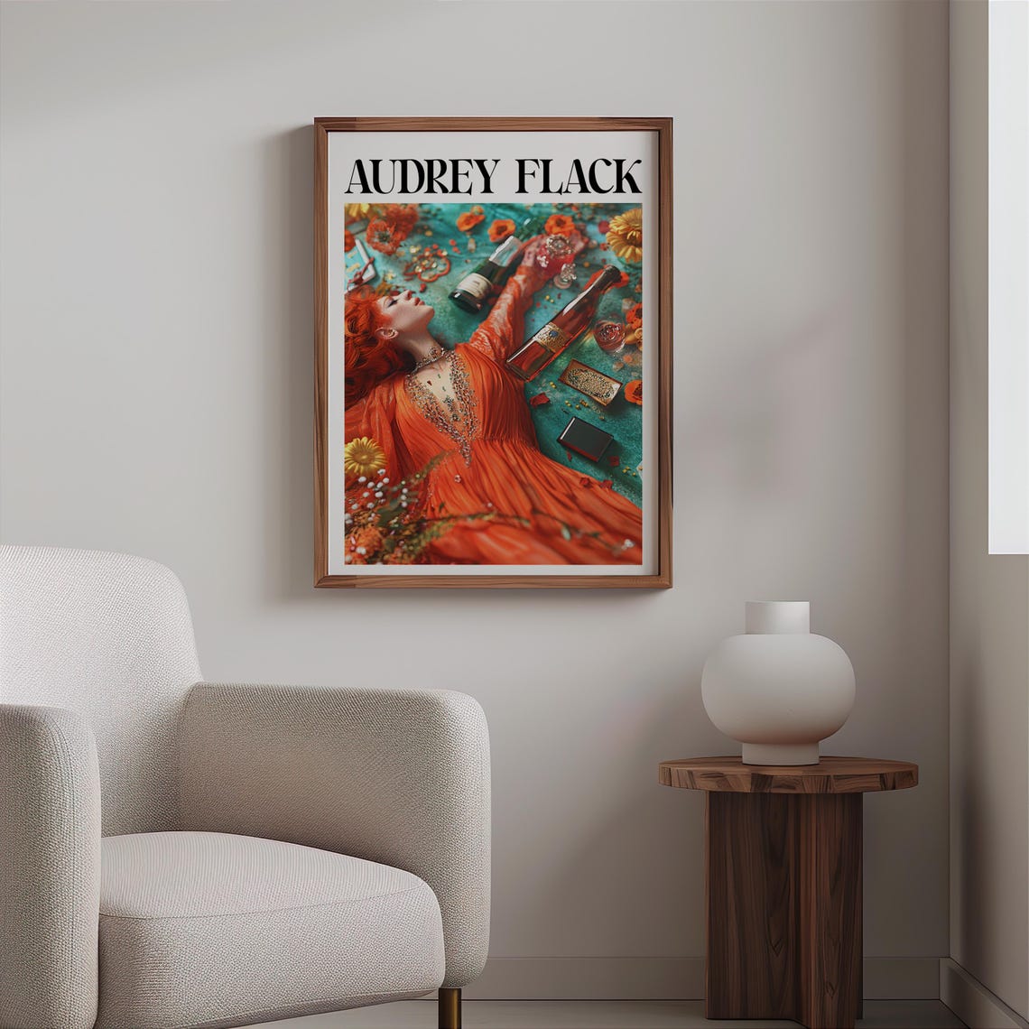 Audrey Flack Redhead Orange Gown Wine Bottles Flowers Art Poster - Image 2