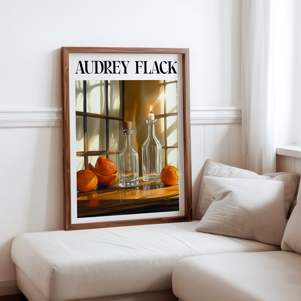 Audrey Flack Decanters Oranges Candle Sunlit Window Still Life Poster