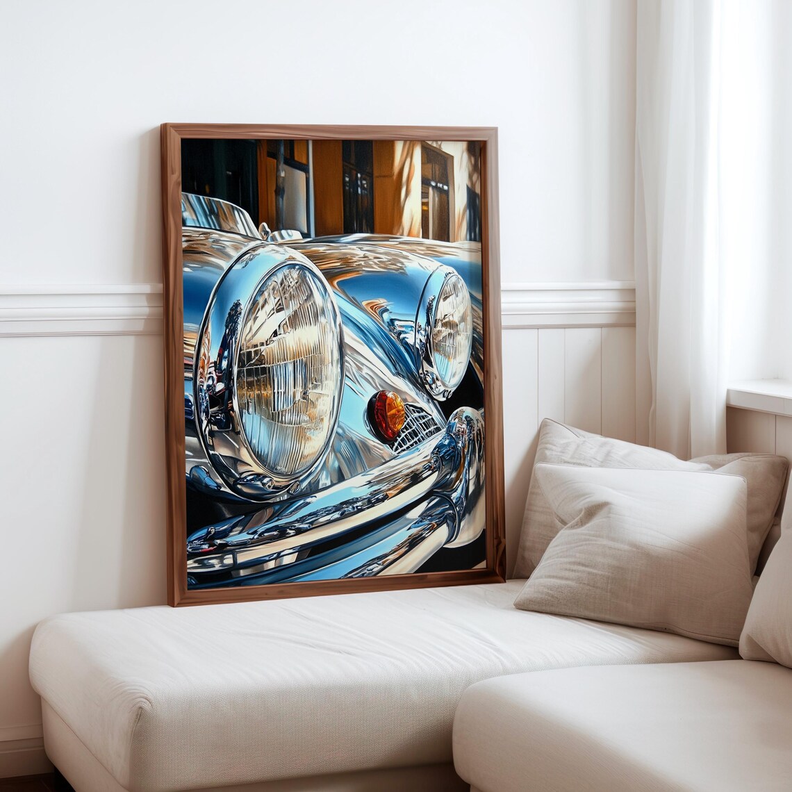 Vintage Sports Car Chrome Headlights Blue Tone Detail Auto Poster