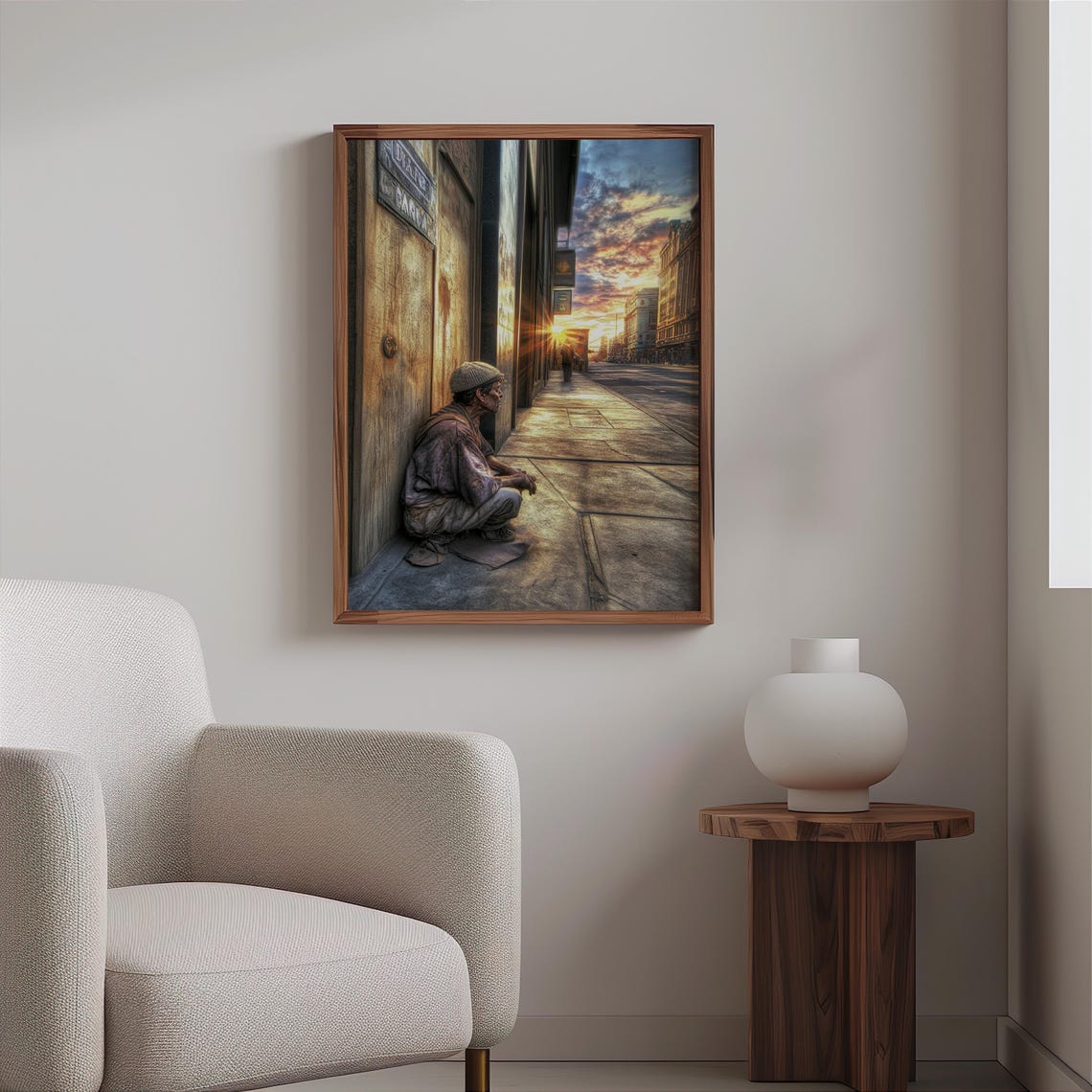 Homeless Man Sitting City Sidewalk Sunset Thought Provoking Art Poster - Image 2