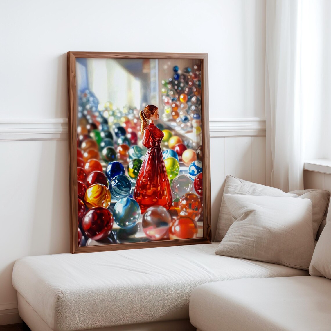 Woman Red Dress Colorful Glass Marbles Whimsical Photorealism Poster