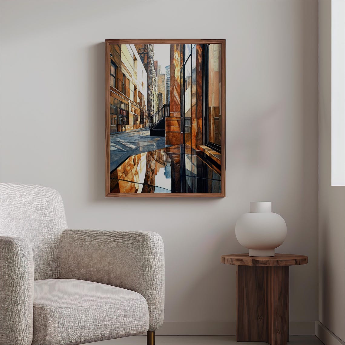 Photorealistic Brick Alley Fire Escape Puddle Mirror Reflection Poster - Image 2