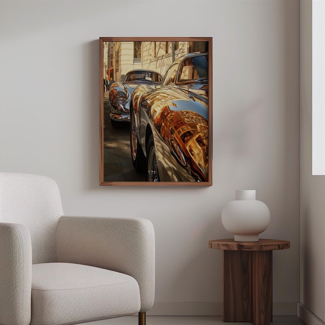 Chrome Sports Car Side Mirror Building Sky Reflection Auto Poster - Image 2