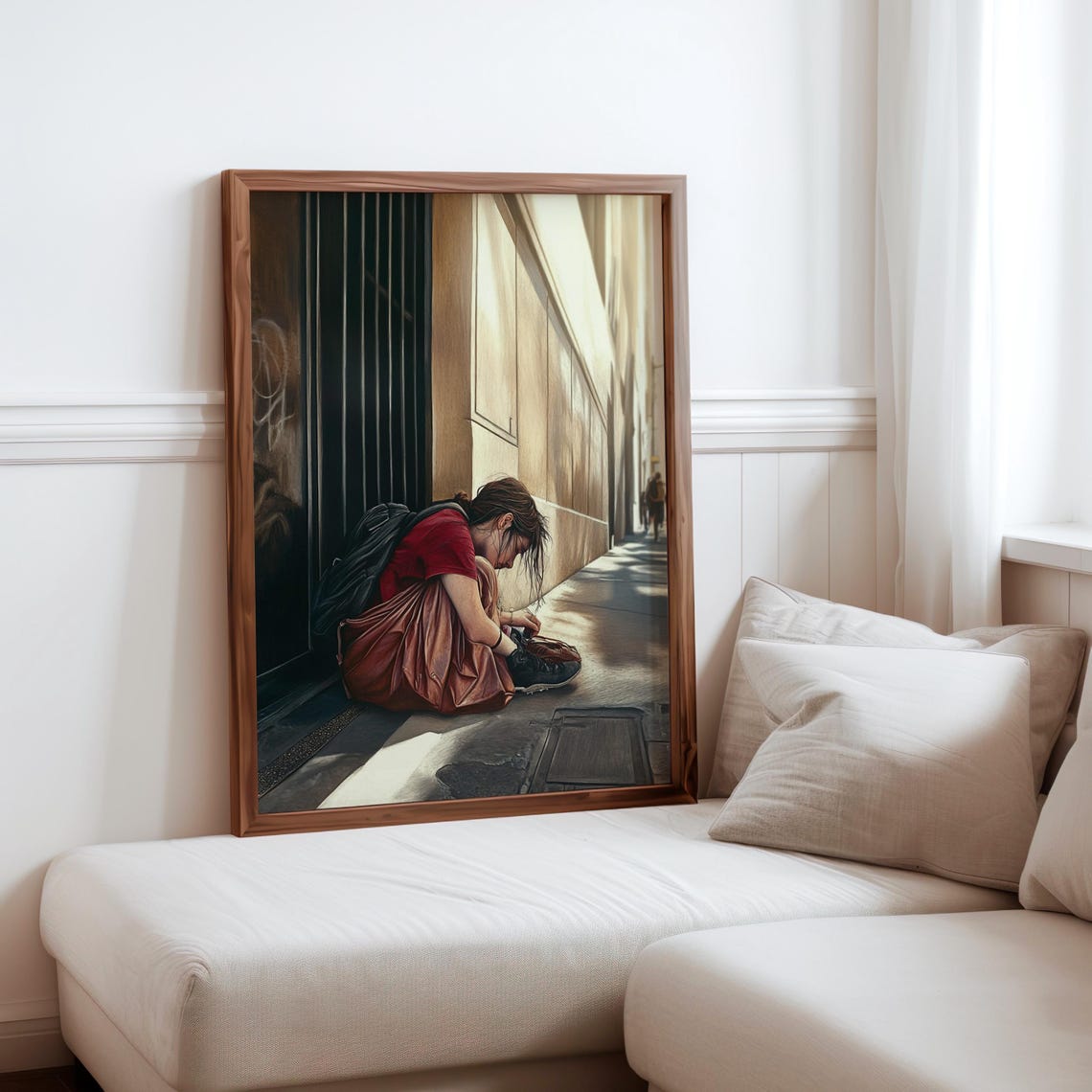 Weary Woman Backpack Sitting Sidewalk Moody Light Art Poster