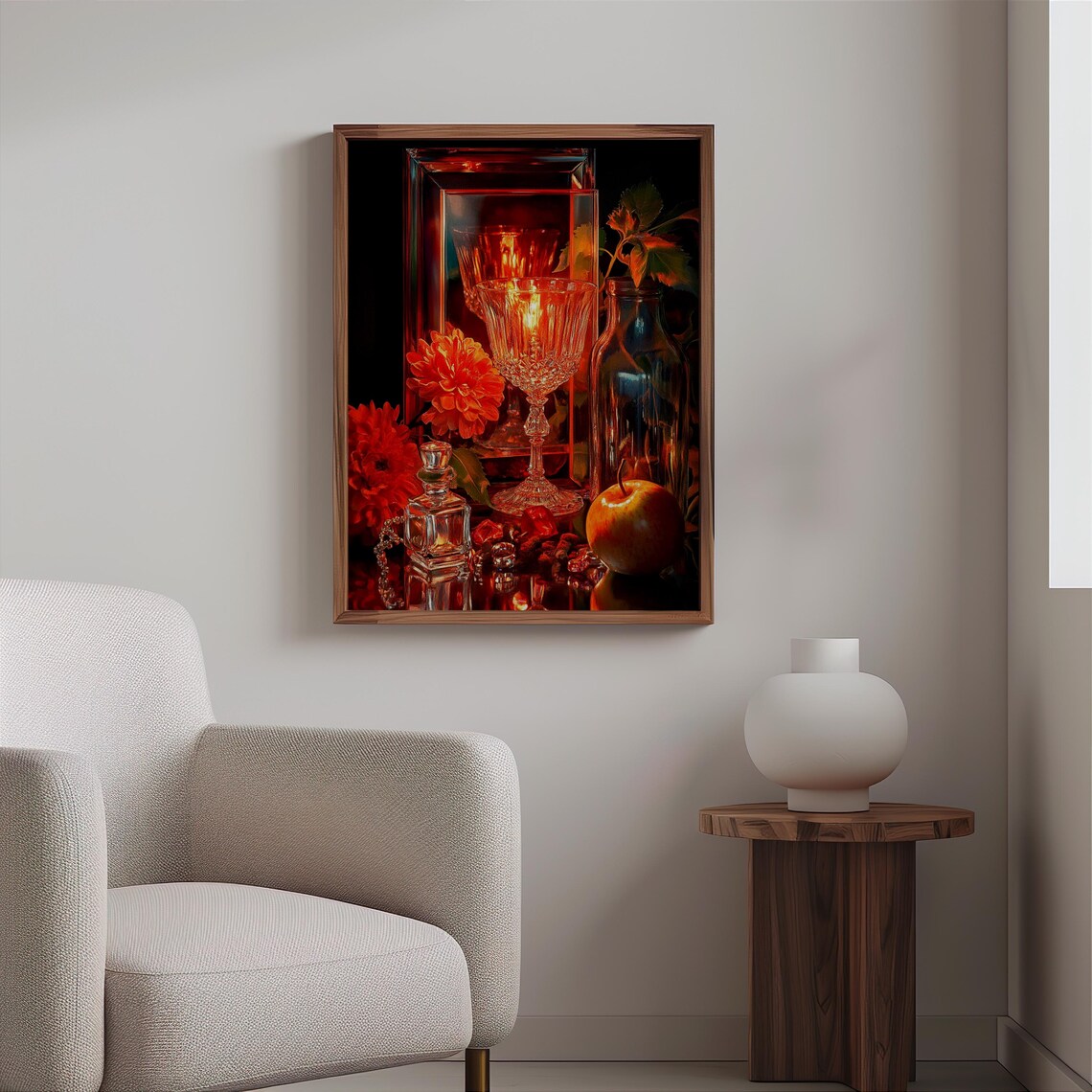 Crystal Goblets Red Dahlias Dark Moody Photorealism Still Life Poster - Image 2