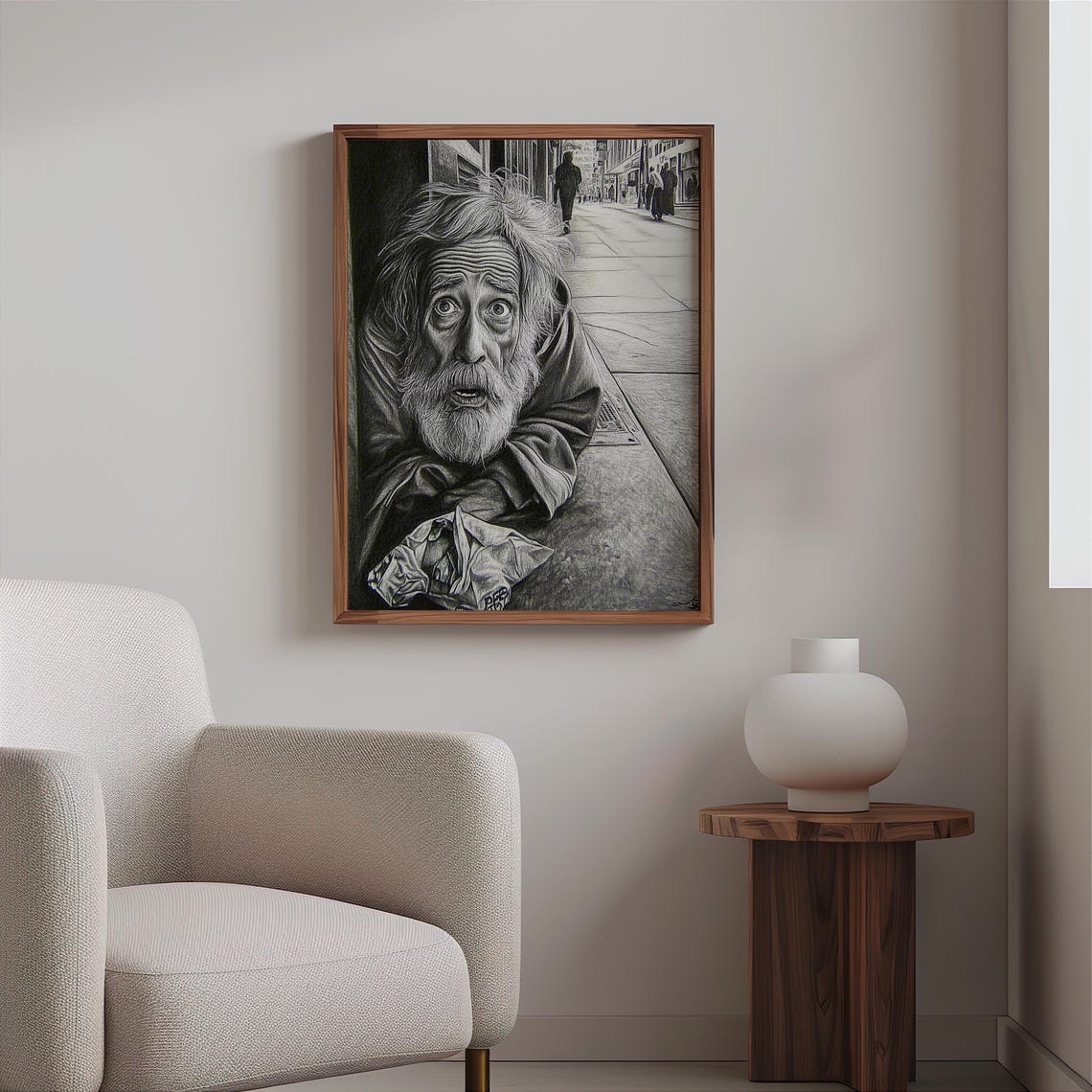 Elderly Homeless Man Black And White Pencil Style Portrait Poster - Image 2