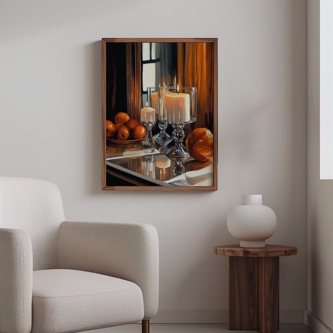 Three Candles with Oranges in Window Light Still Life Poster - Image 2