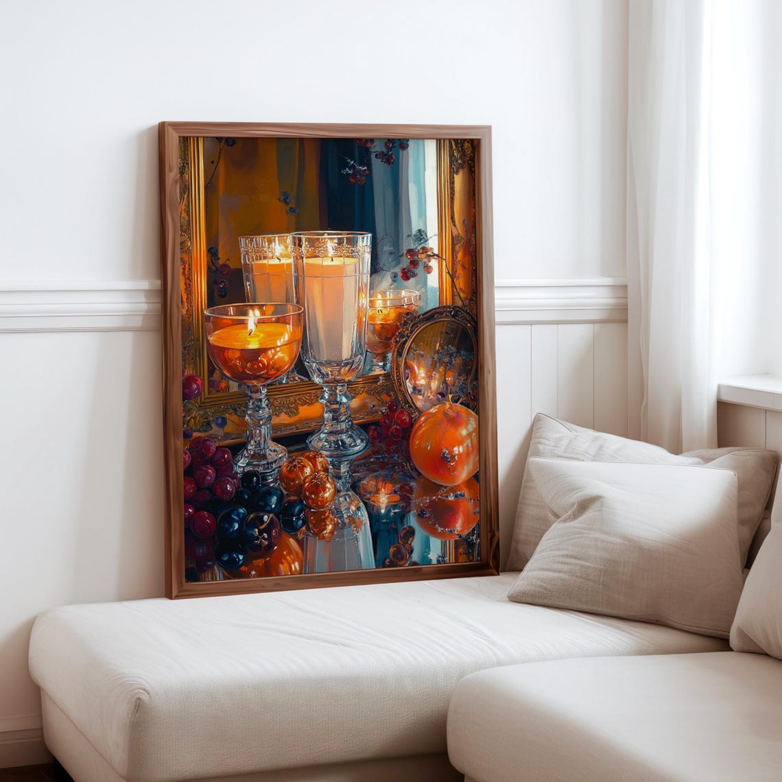 Crystal Goblets Candles Oranges Gilt Mirror Still Life Art Print