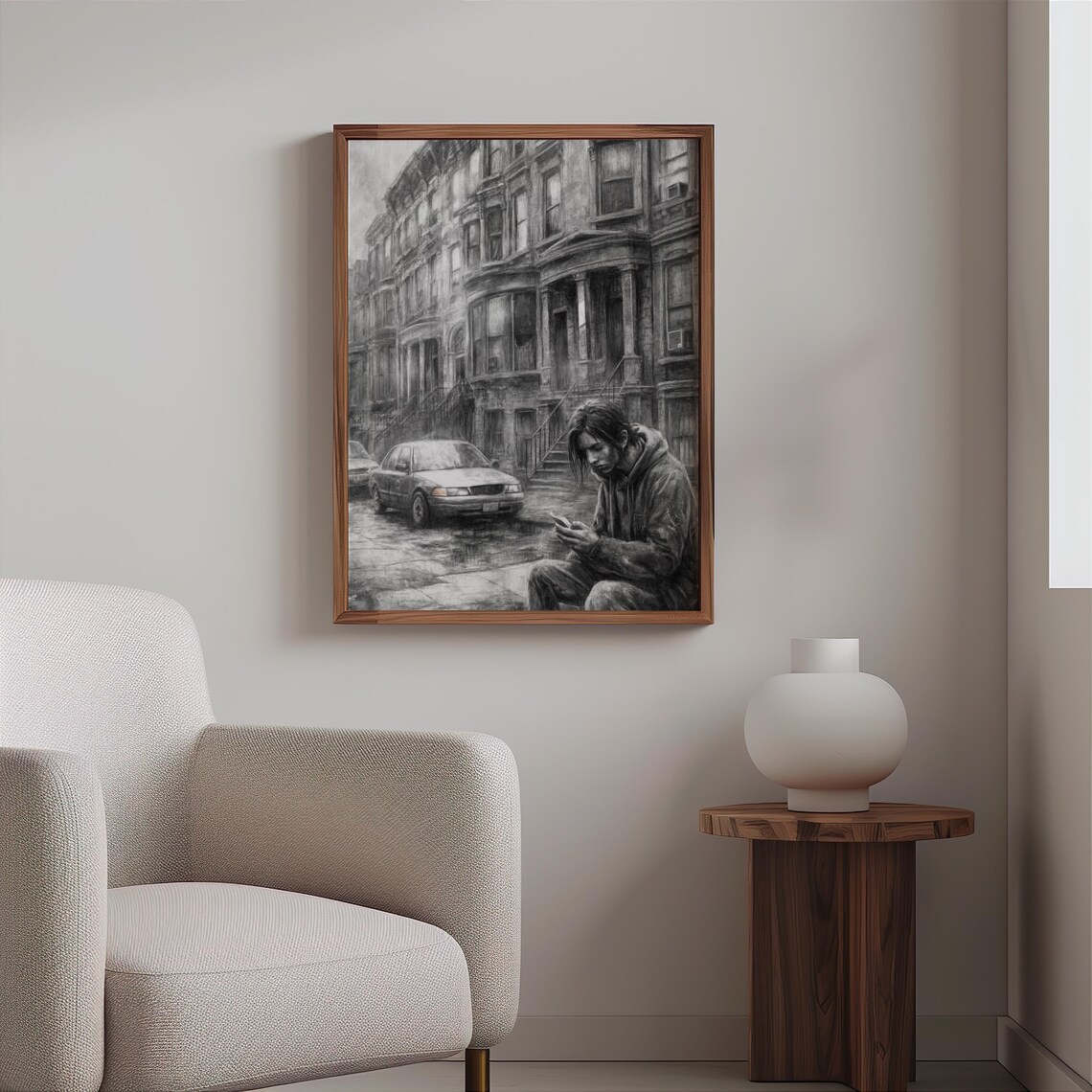 Black And White Man Stoop Phone Brownstone Street Photorealism Poster - Image 2