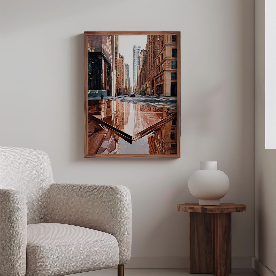 Photorealistic Downtown Street Mirrored In Wet Pavement Poster - Image 2