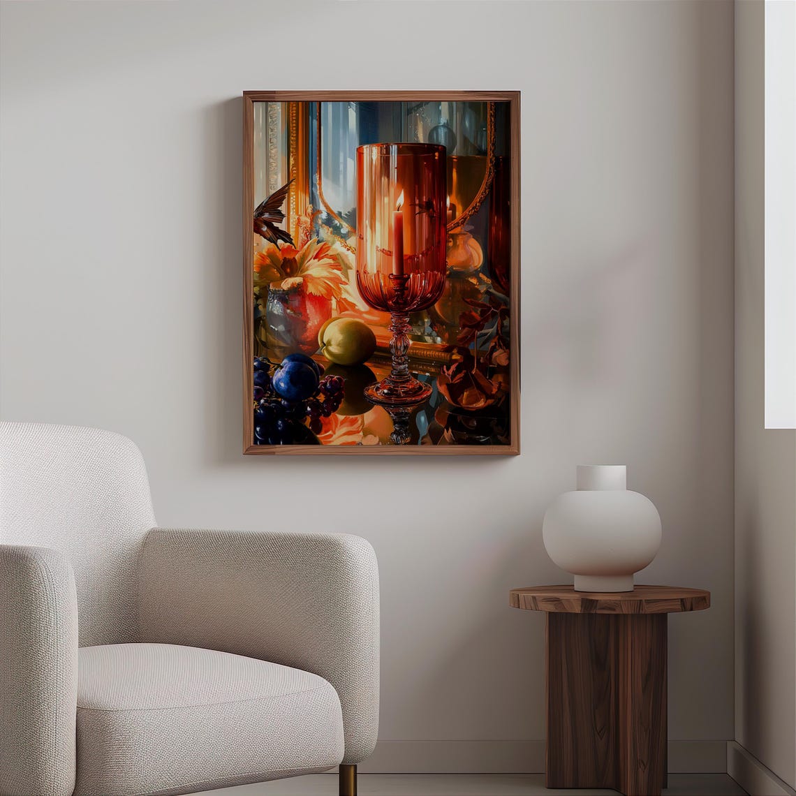 Amber Hurricane Goblet Candle Grapes Floral Still Life Art Print - Image 2