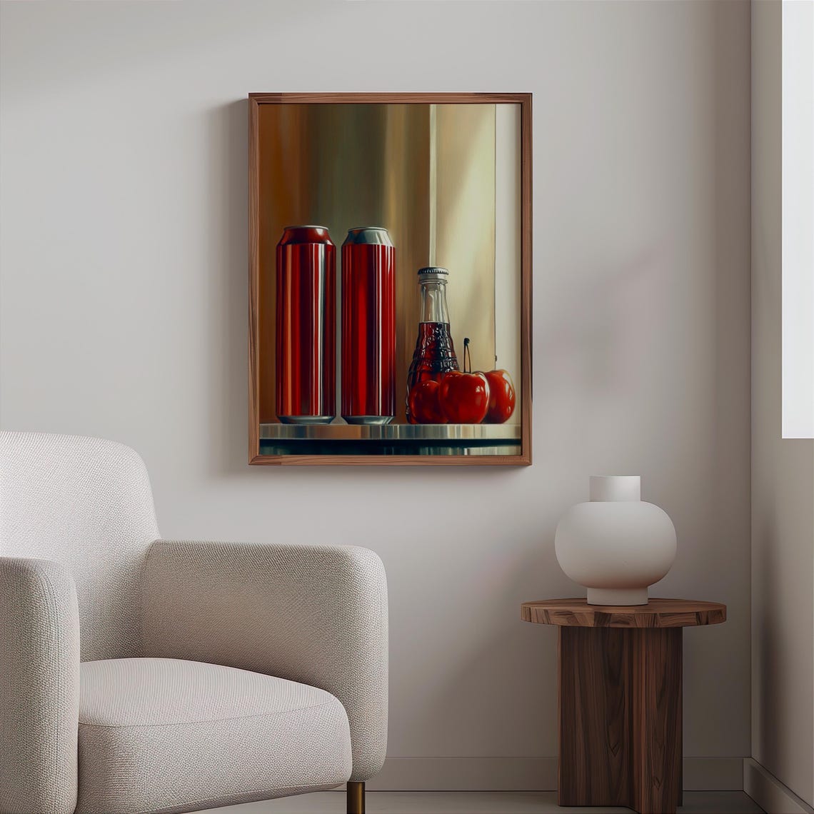 Two Red Cans Glass Bottle Red Apples Muted Shelf Still Life Print - Image 2