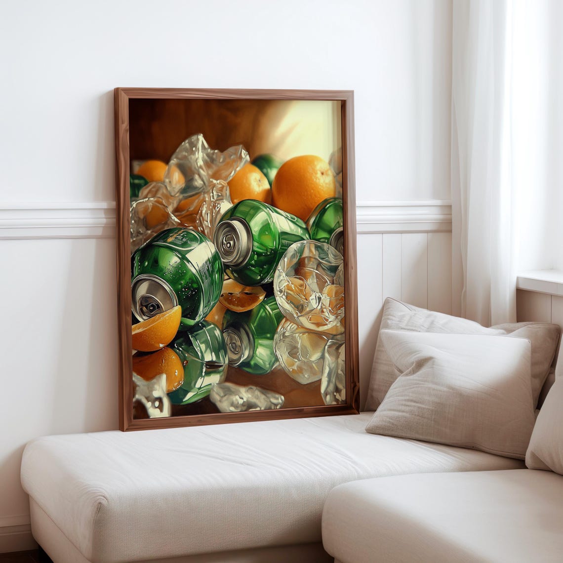 Green Soda Cans Oranges Plastic Wrap Warm Light Still Life Print