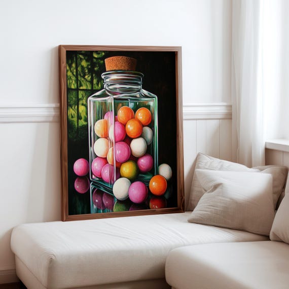 Charles Bell Inspired Photorealism Poster Vintage Gumball Print Colourful Retro Sweetshop Hyper Realistic Candy Machine 1980s