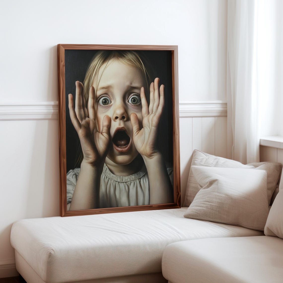 Surprised Blonde Girl Hands on Face Wide Eyes Dark Portrait Print