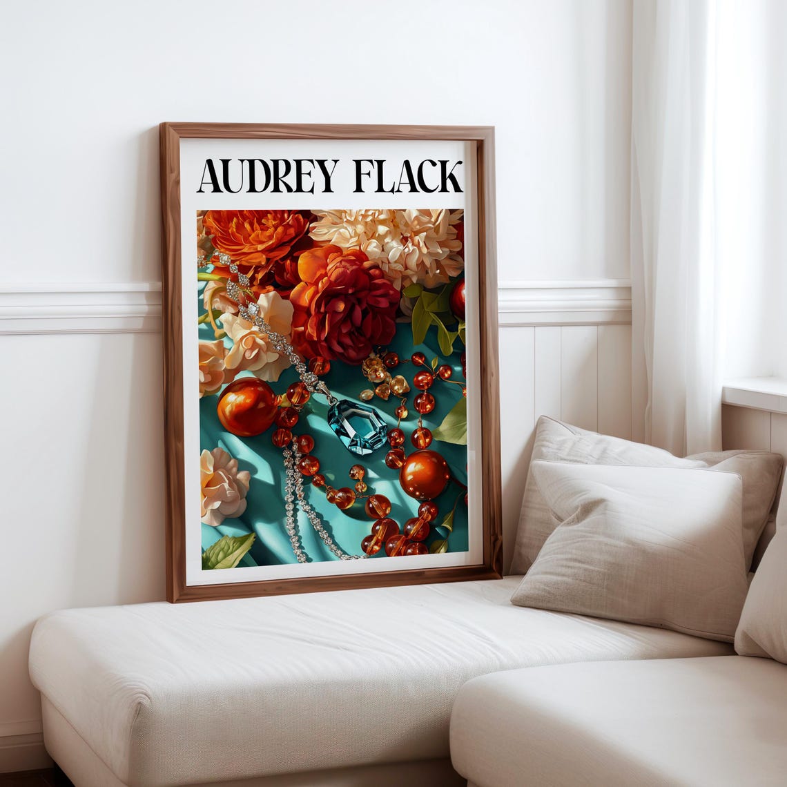 Audrey Flack Amber Beads Peony Teal Silk Still Life Art Print
