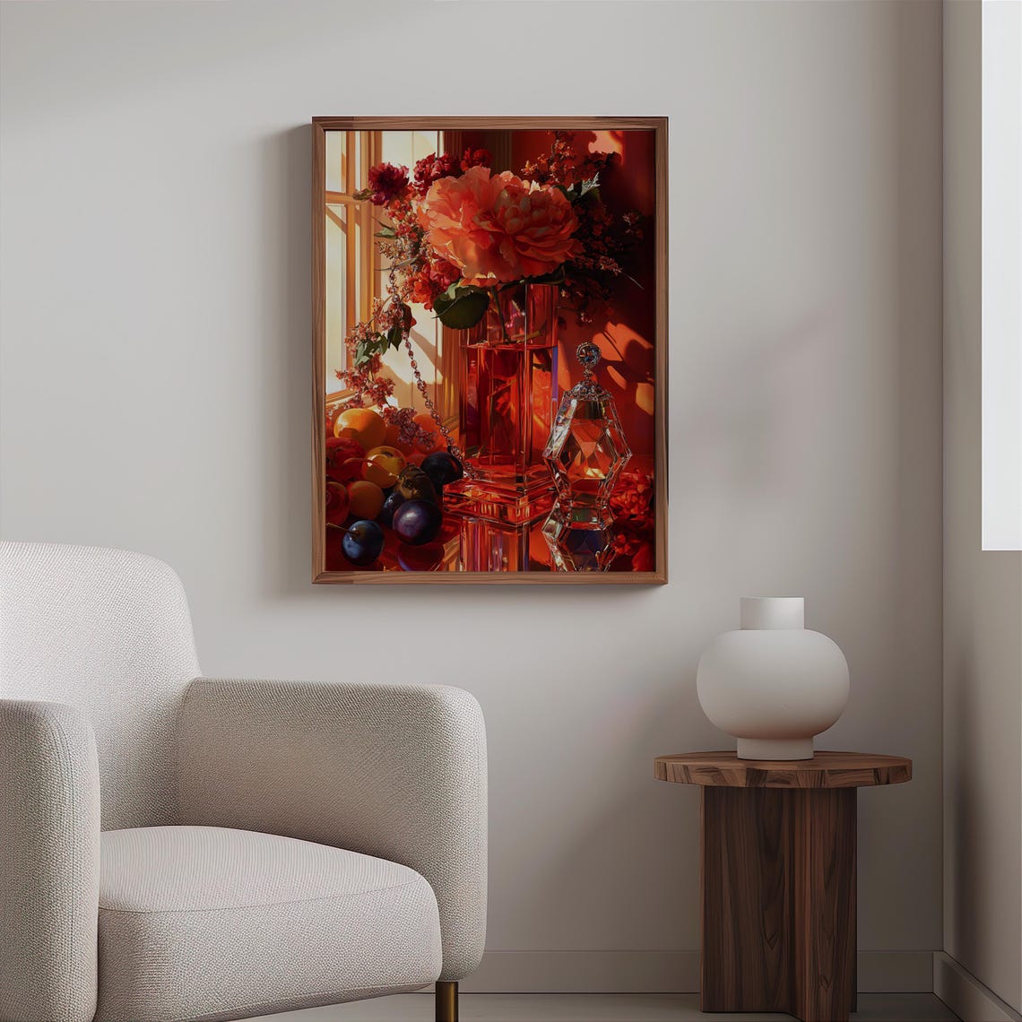Red Glass Vase Peonies Crystal Perfume Bottle Still Life Print - Image 2