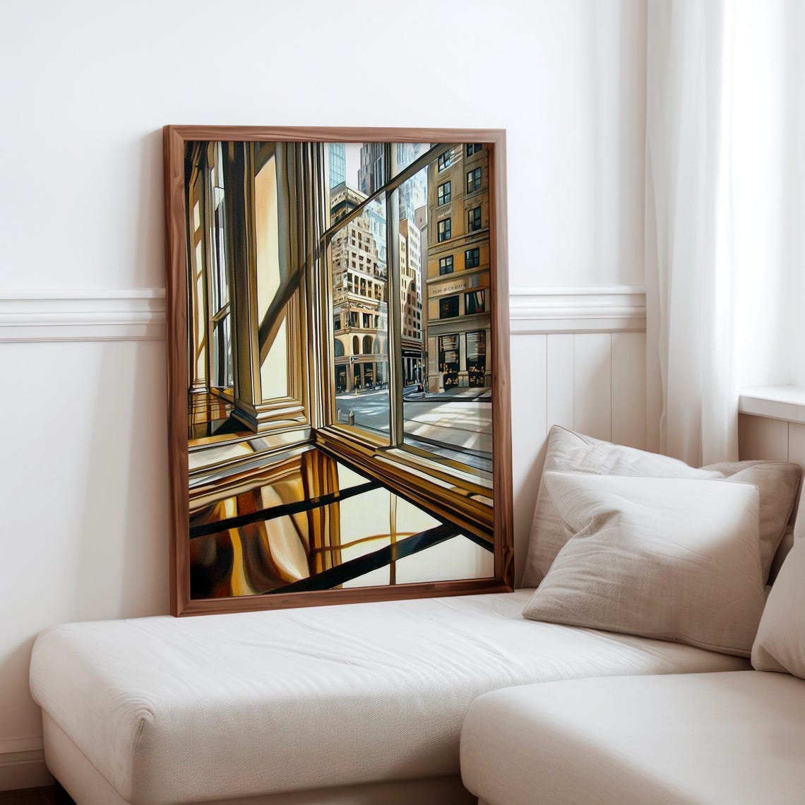 Photorealistic Brass Window View Onto Sunlit City Street Poster
