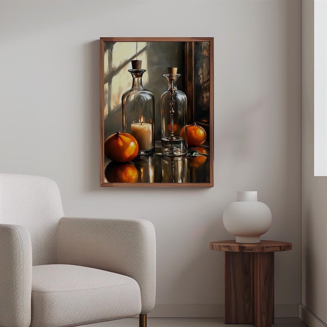 Glass Apothecary Bottles Candle Oranges Chiaroscuro Still Life Print - Image 2