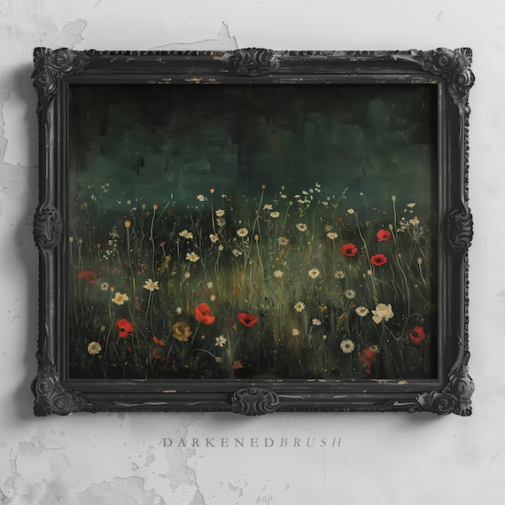 Vintage Dark Floral Art Moody Botanical Flower Painting Print Farmhouse Wall Academia Aesthetics