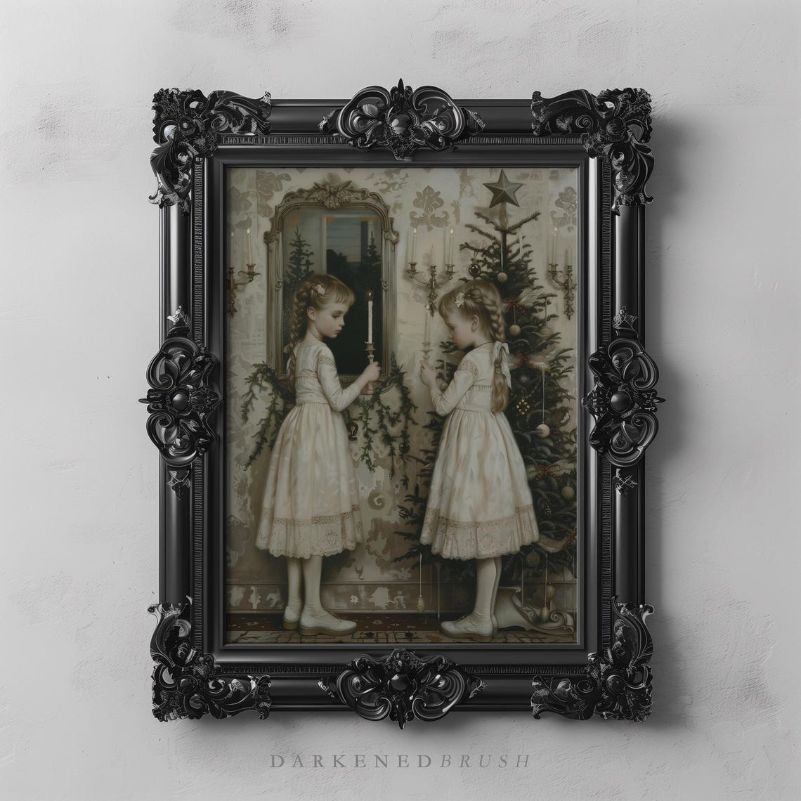 Victorian Christmas Eve Twin Sisters Candle Vintage Holiday Print