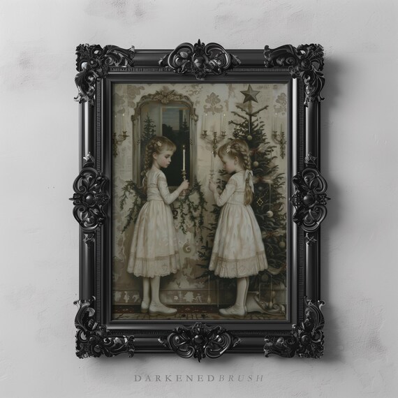 Victorian Christmas Eve Twin Sisters Candle Vintage Holiday Print