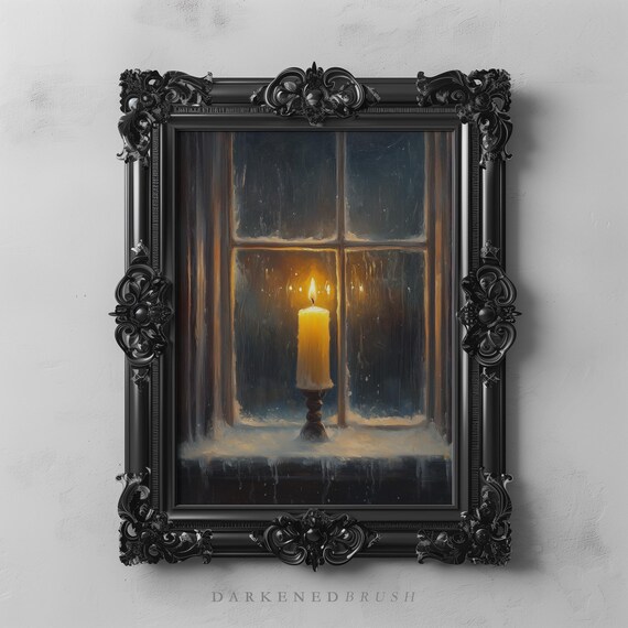 Candle Glowing In Snowy Window Winter Night Still Life Poster