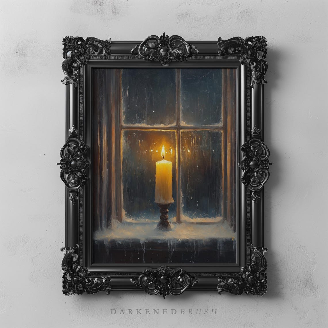 Candle Glowing In Snowy Window Winter Night Still Life Poster