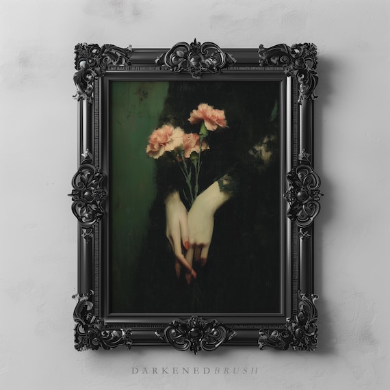 Gothic Hands Holding Carnations Dark Academia Floral Romantic Mourning Wall Art Victorian Style Moody Flower Decor
