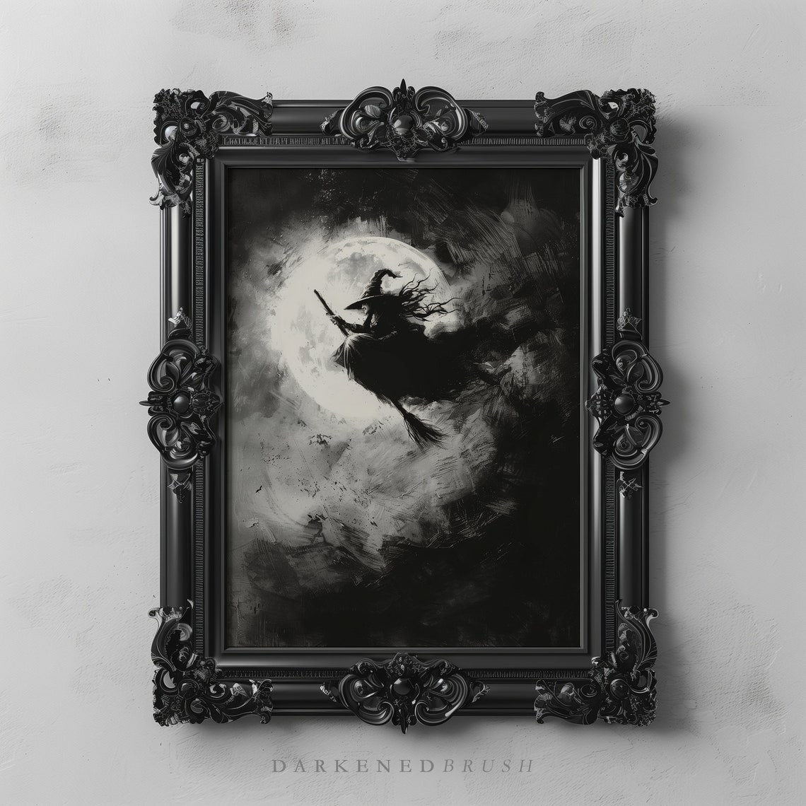 Flying Witch Silhouette Against the Full Moon Black and White Wall Art