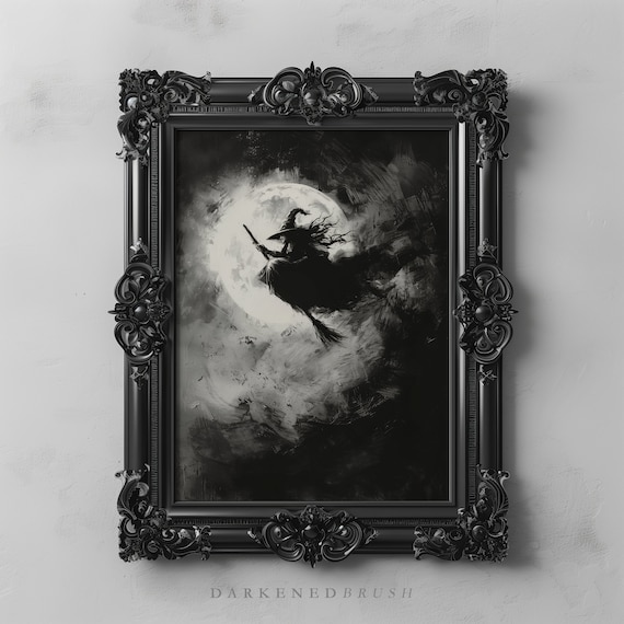 Full Moon Flying Black And White Witch Halloween Art Gothic Oil Painting Dark Academia Decor Witchy Woman Poster Archival Print