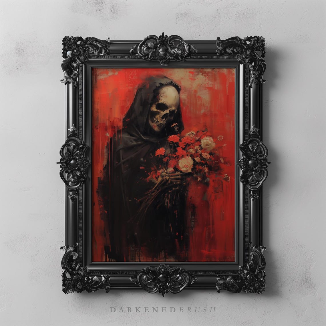 Grim Reaper Holding Red Flowers Dark Botanical Gothic Poster