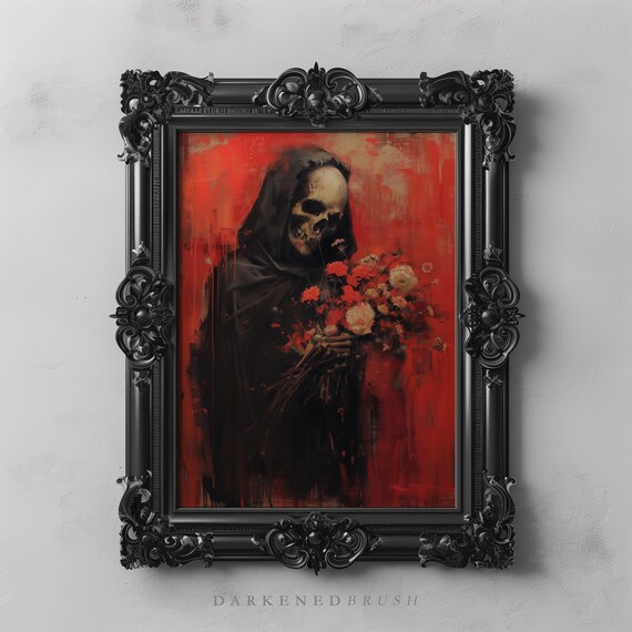 Grim Reaper With Flowers Dark Botanical Art Print Gothic Floral Decor Macabre Painting Occult Wall Halloween Skull
