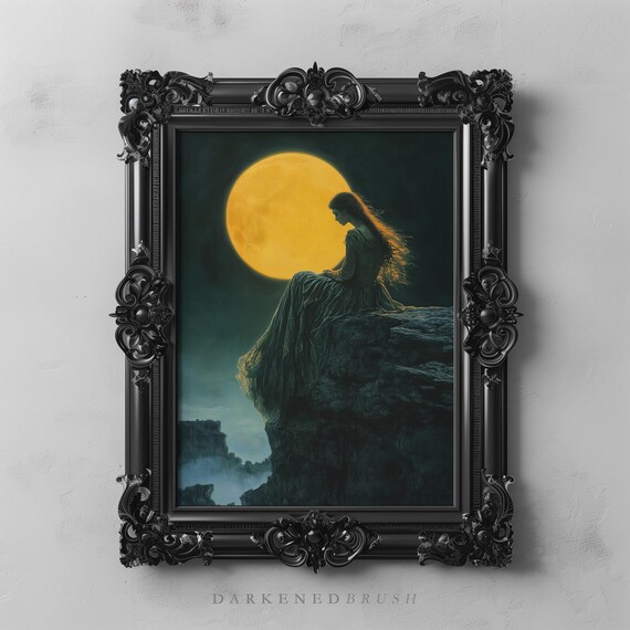 Gothic Victorian Princess Moonlit Hecate Goddess Dark Academia Art Mystical Witchy Wall Full Moon Painting Fantasy Decor
