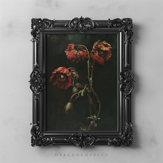 Dark Floral Red Poppy Art Moody Botanical Antique Flower Oil Painting Wall Academia Decor Gothic