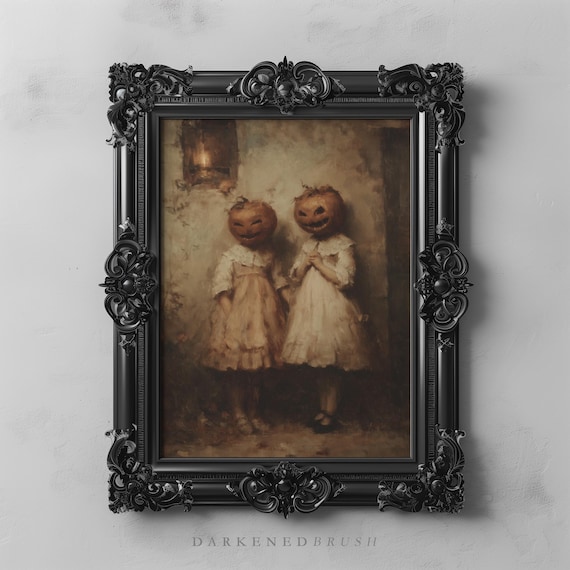 Jack O Lantern Pumpkinheaded Girls Holding Hands By Wall Whimsical Vintage Halloween Art Victorian Autumn Decor 320