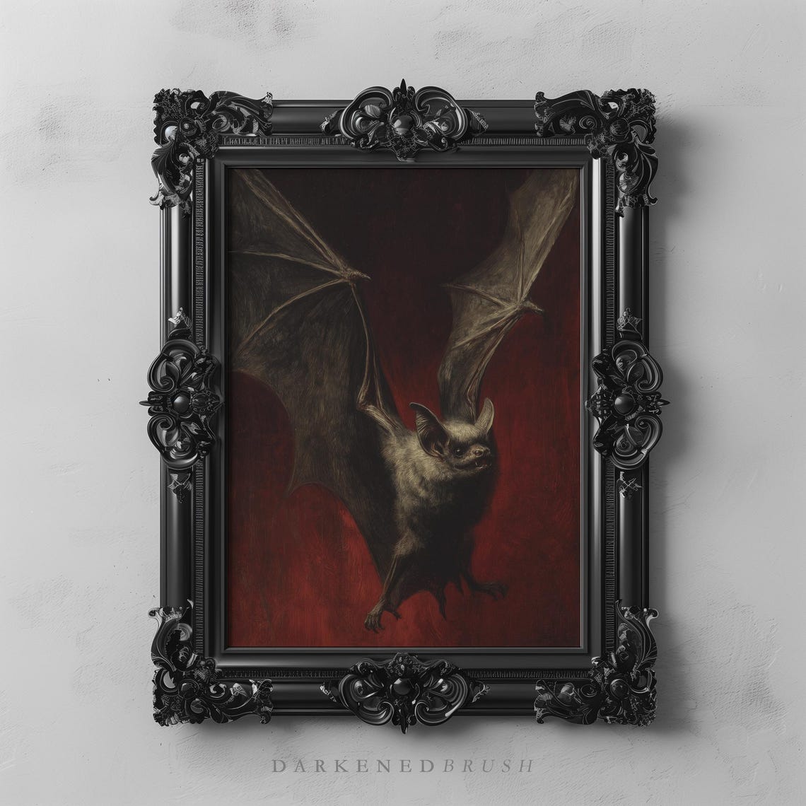 Bat Flying Against Red Sky Gothic Vintage Halloween Spooky Art Poster