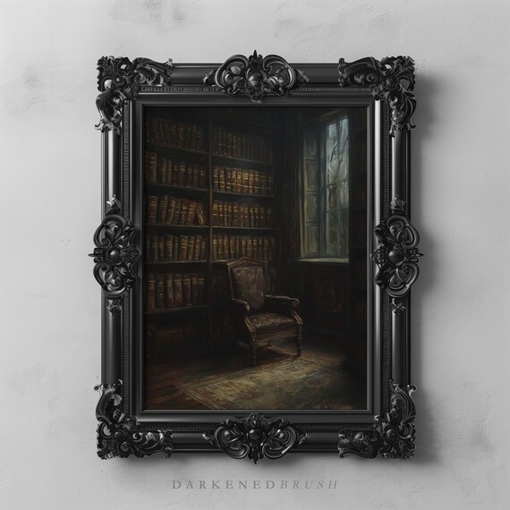 Antique Chair In Shadowed Dark Library Vintage Academia Moody Wall Art Victorian Study Decor Book Lovers Gift