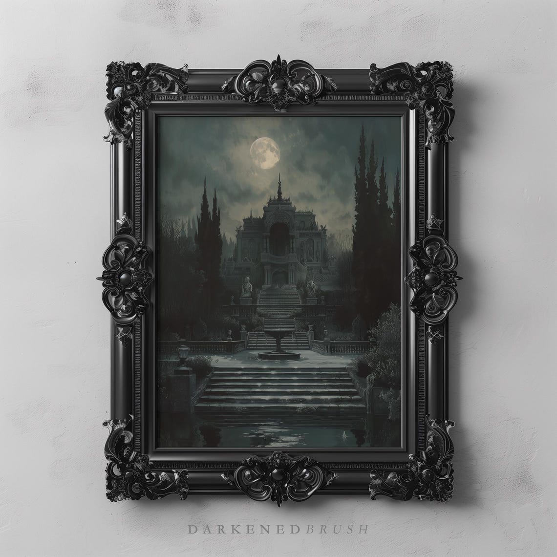 Moonlit Gothic Manor Garden Fountain Cypress Dark Art Poster