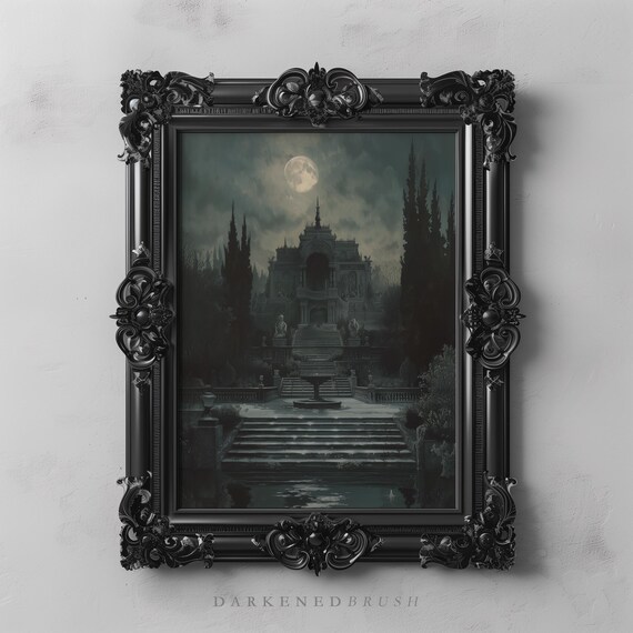 Gothic Garden Art Fountain Haunted House Decor Dark Academia Print Fantasy Wall Full Moon Painting Spooky Landscape