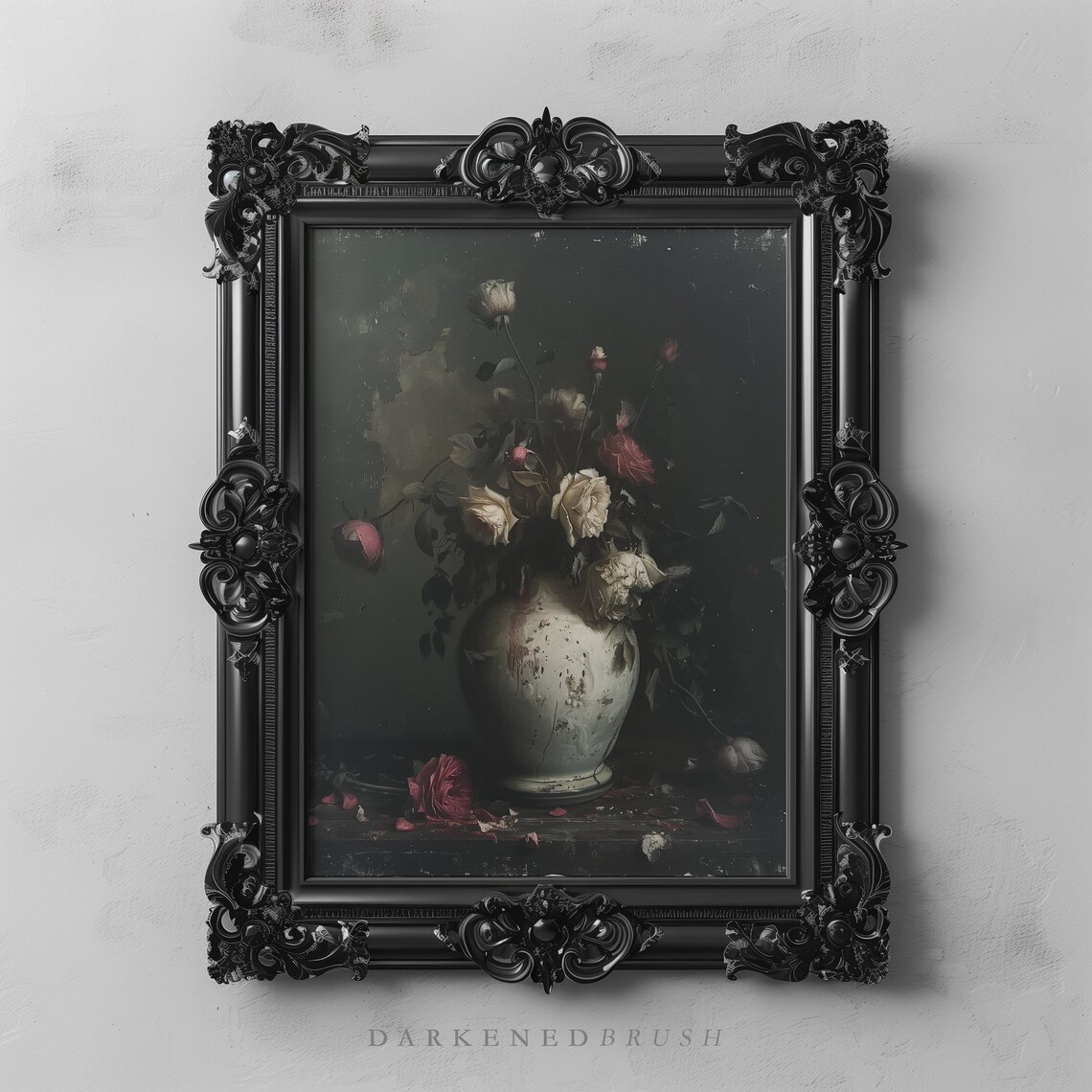 Dark Floral Moody Roses Vintage Vase Still Life Oil Painting Print