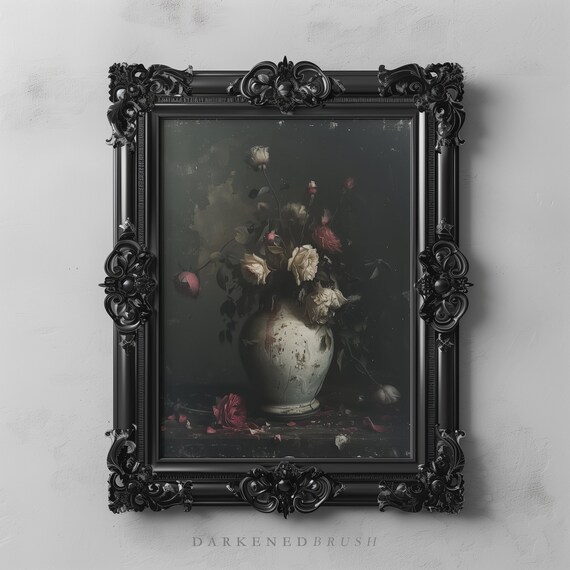 Dark Floral Wall Art Flower Oil Painting Vintage Print Moody Botanical Dead Flowers Antique Instant