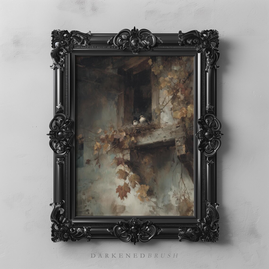 Birds Nesting on Ivy Balcony Moody Autumn Oil Painting Dark Art Poster